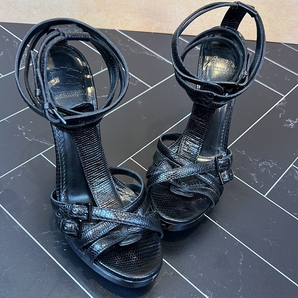 Burberry Lizard T-Strap Sandals Stiletto Heels with Platform Multistrap & Buckle - Picture 8 of 9
